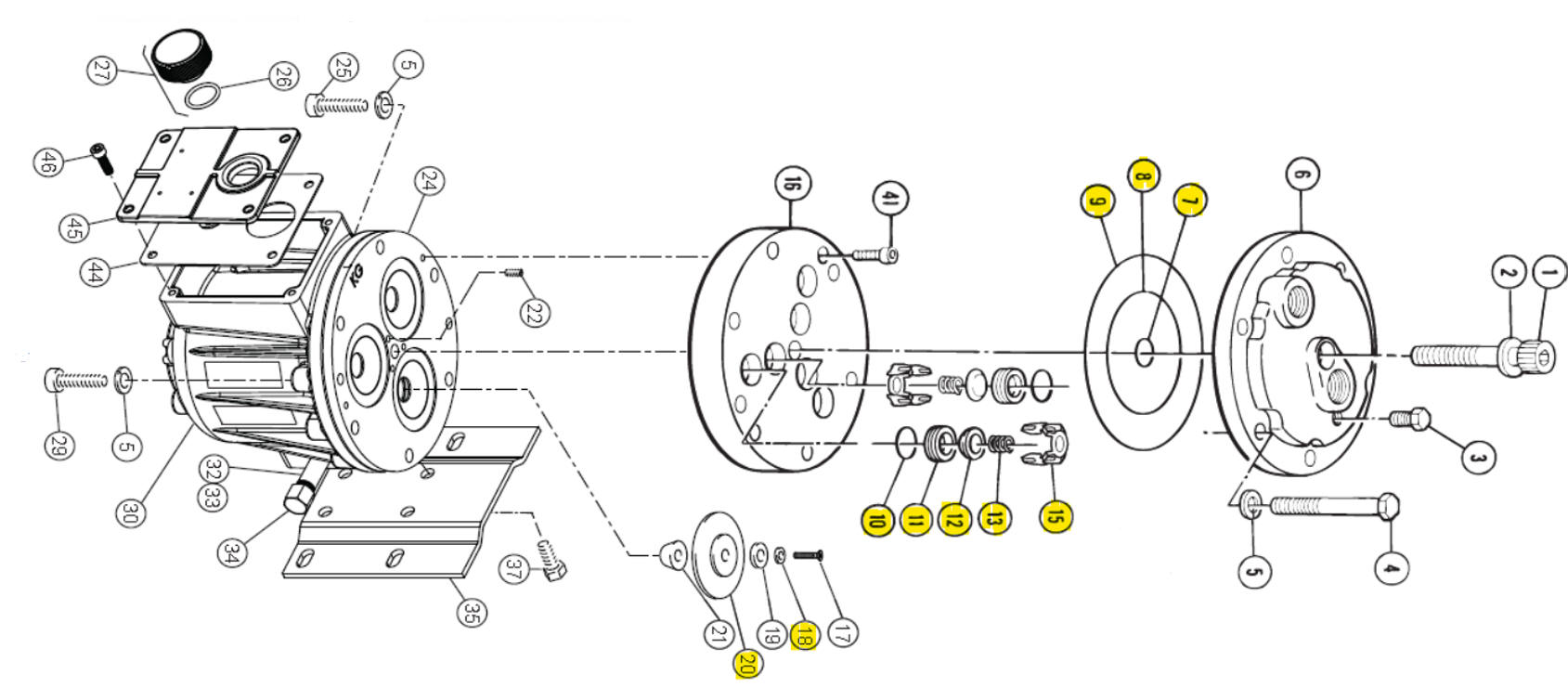 Exploded view of Hydra-Cell Pro pump parts